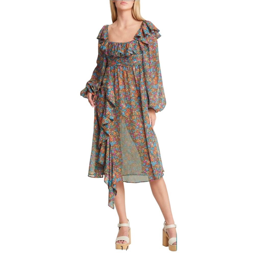 For Love & Lemons Brittany Floral Midi Dress Long Sleeve Ruffle NWT XXS